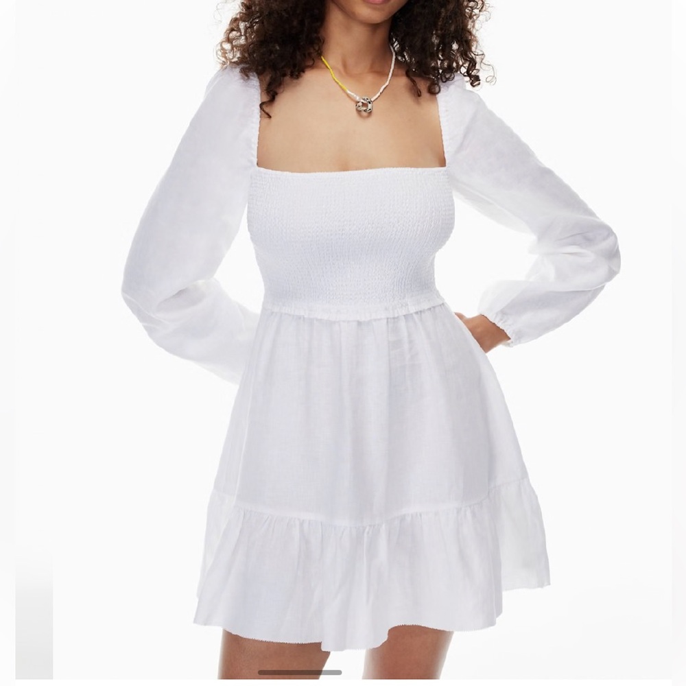Aritzia Wilfred Tempest smocked linen mini dress, white, medium